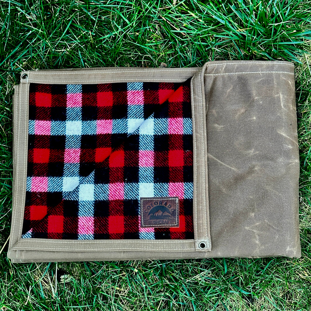 Extra Large Waxed Canvas and American Plaid Wool Lined Bushcraft Ground Cloth