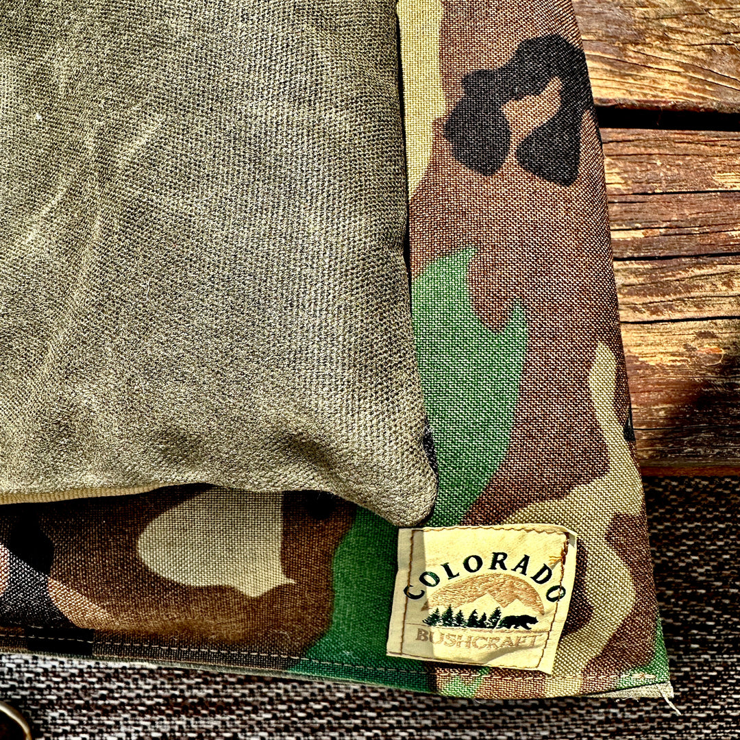 Woodland Bushcraft Cooshun - Waxed Canvas, Woodland Camo Cordura, and Wool Sitting Pad